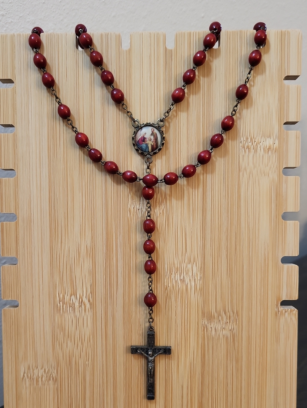 Vintage Italian Wood Bead Rosary Chi Rho Centerpiece Crucifix Red Wood